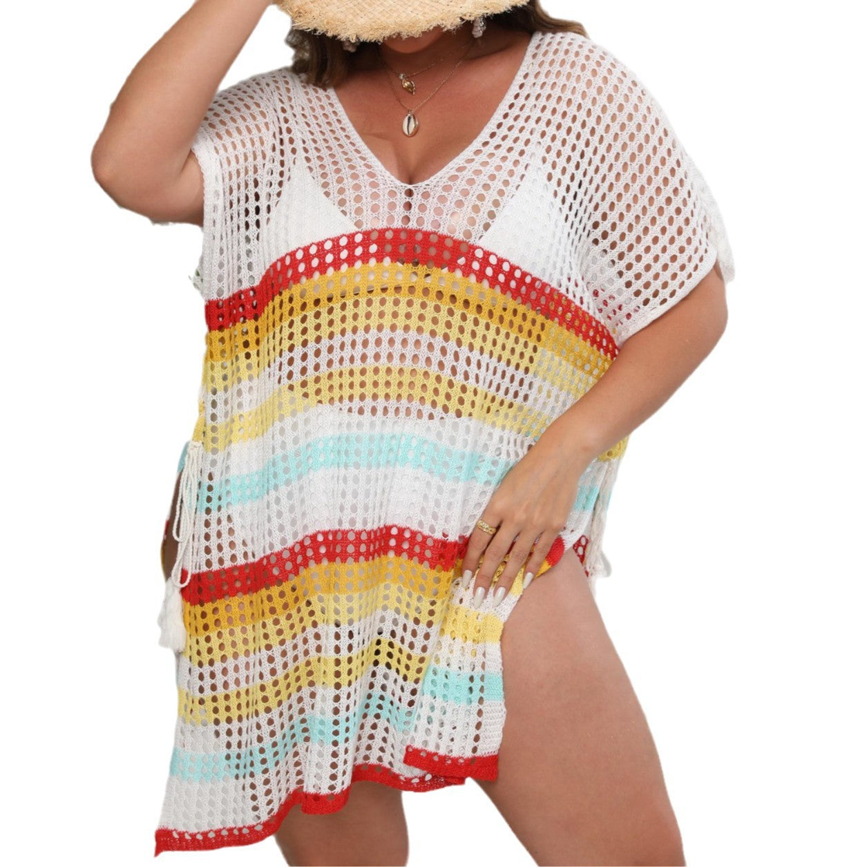 Plus Size Striped Beach Bikini Cover-Up Dress