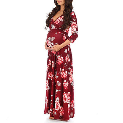 Cross deep V-neck waistband, waist cinched, 3/4 sleeves, floor mopping maternity dress, long dress - Plus Size Clothing