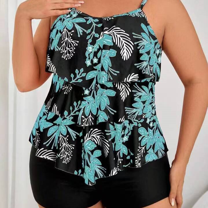 Plus Size Floral Tankini with Ruffled Trim
