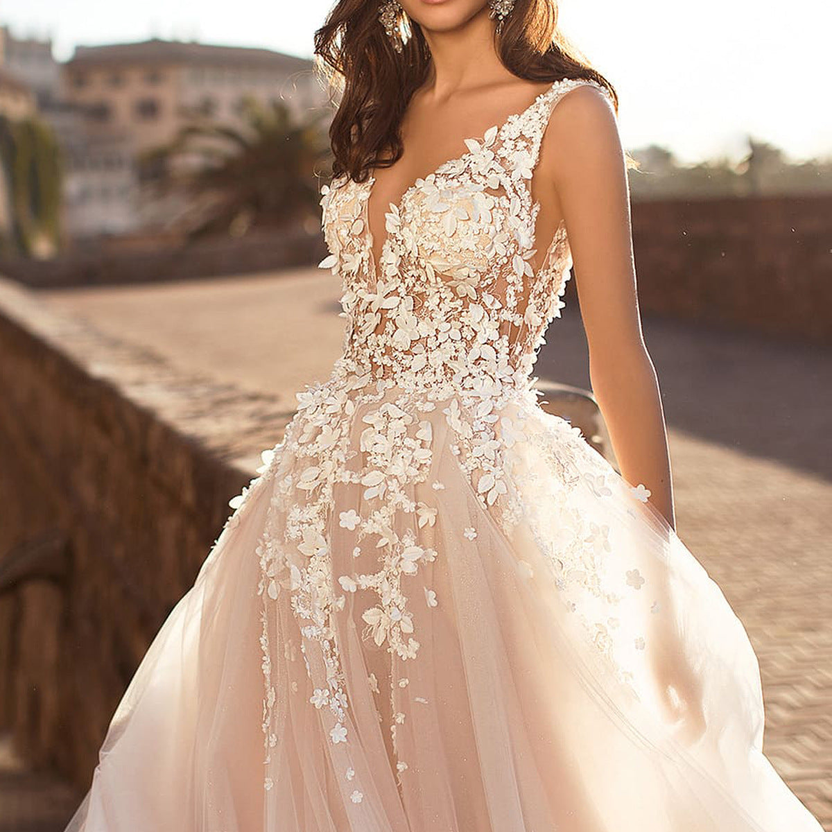 Plus Size Elegant Lace Sleeveless Deep V-Neck Wedding Dress