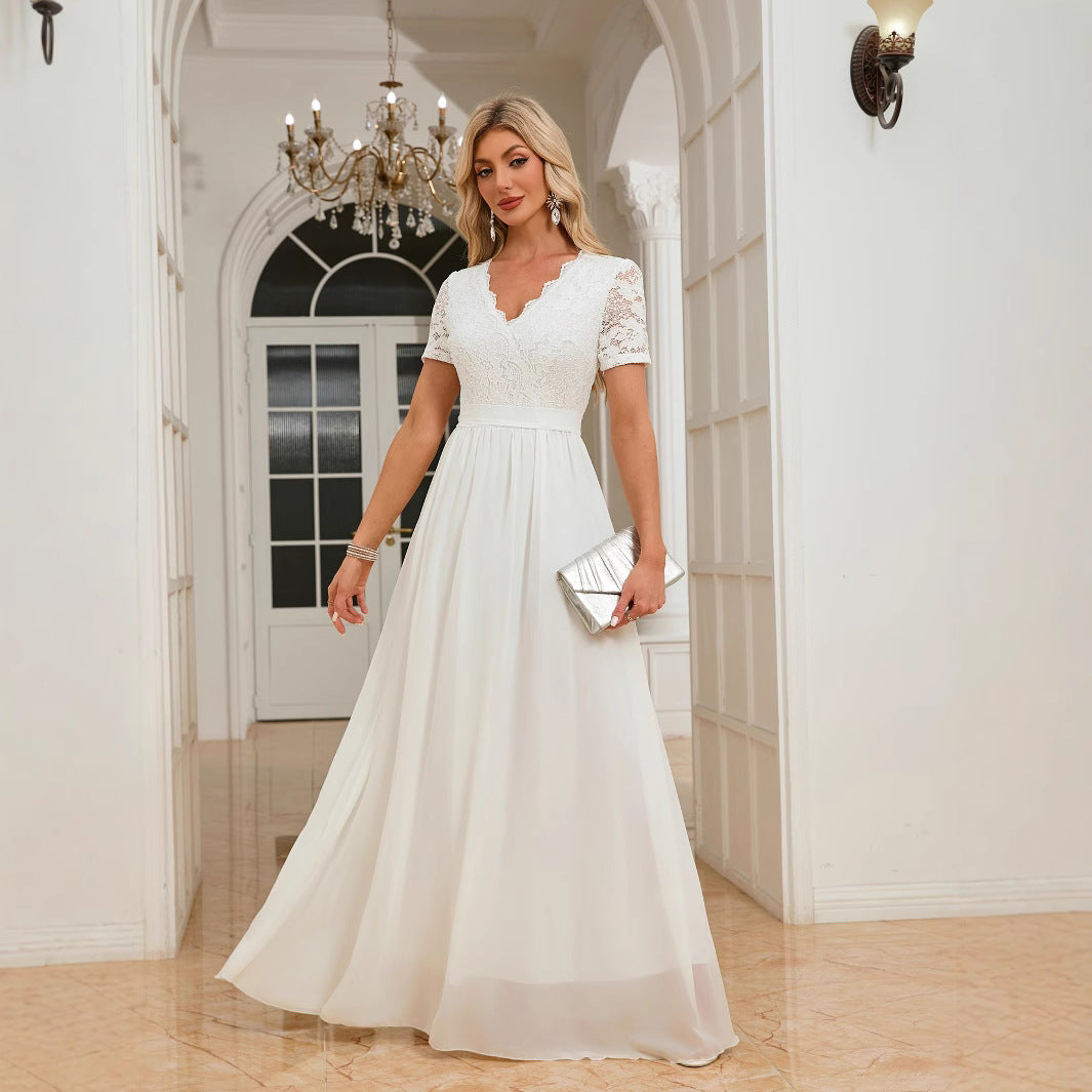 Plus Size Elegant Lace Trim Chiffon V-Neck Long Dress