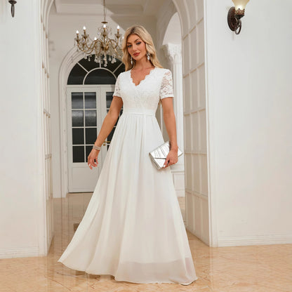 Plus Size Elegant Lace Trim Chiffon V-Neck Long Dress