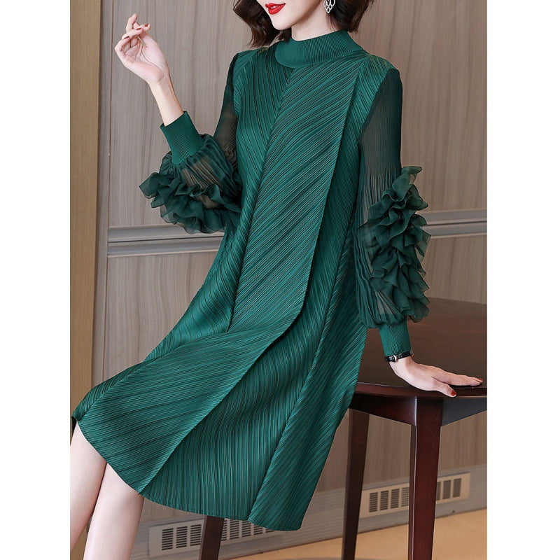 Elegant High-Quality Maternity Elastic Plus-Size Stand-Up Collar Knee-Length Heavyweight Pleated Dress for Women - Plus Size Clothing