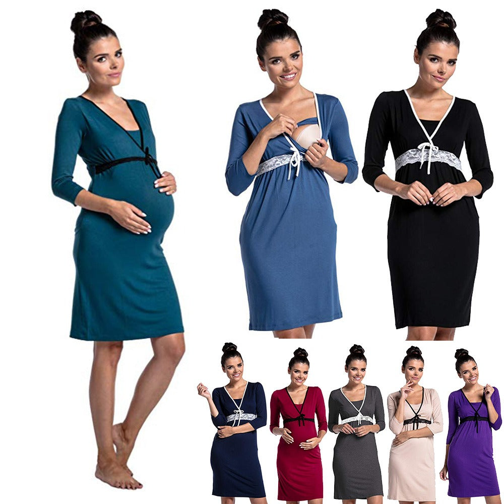 Plus Size Lace Deep V-Neck Nursing Maternity Dress