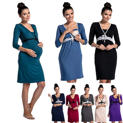 Plus Size Lace Deep V-Neck Nursing Maternity Dress — front view
