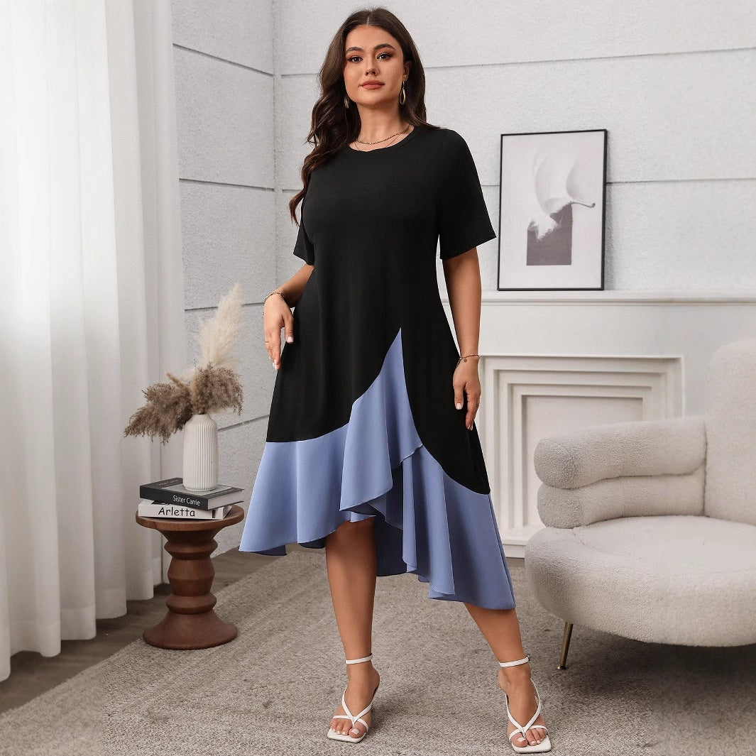 Plus Size Color Block A-Line Dress with Three-Quarter Sleeves