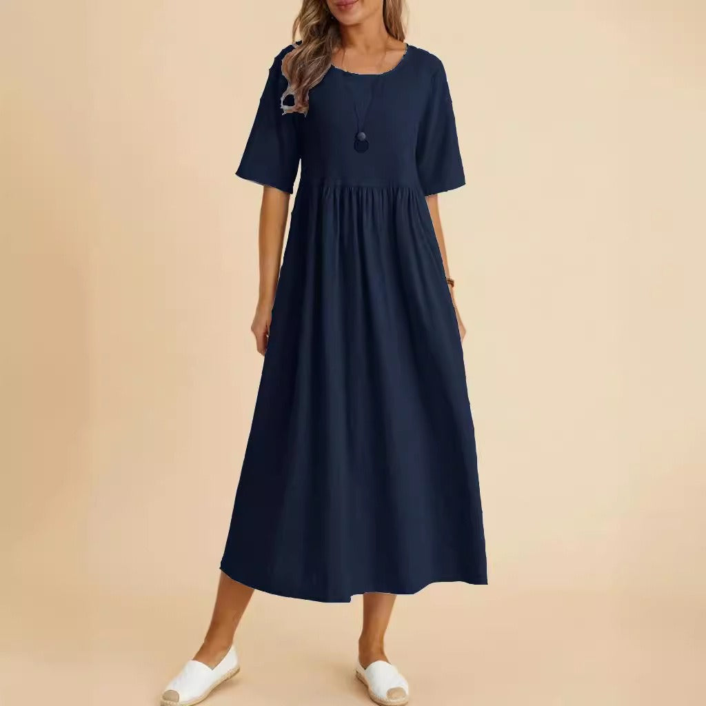 Plus Size Cotton Linen Round Neck Midi Dress