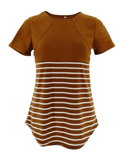 European and American fashion round neck short sleeved breastfeeding T-shirt with striped patchwork parent-child maternity wear - Plus Size Clothing