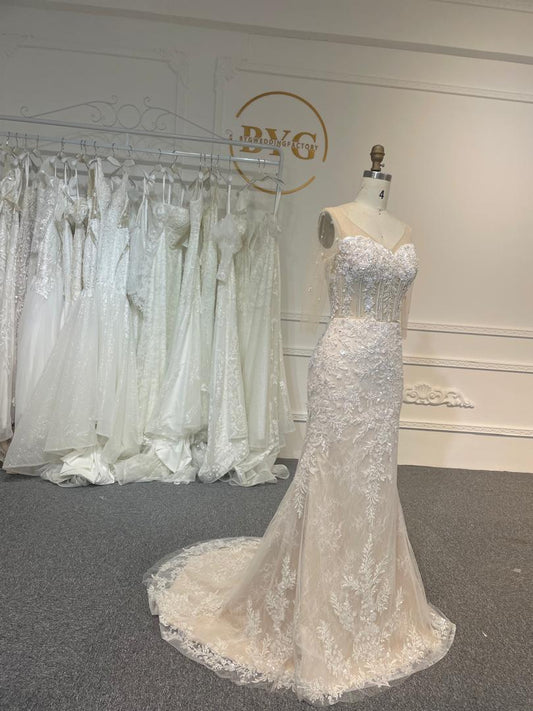 Plus Size V-Neck Mermaid Lace Wedding Dress