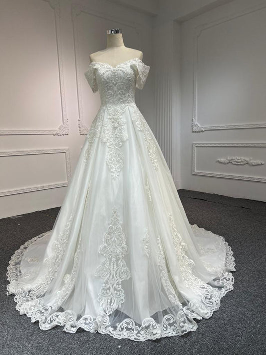 Plus Size Off Shoulder Glitter Tulle A Line Wedding Dress