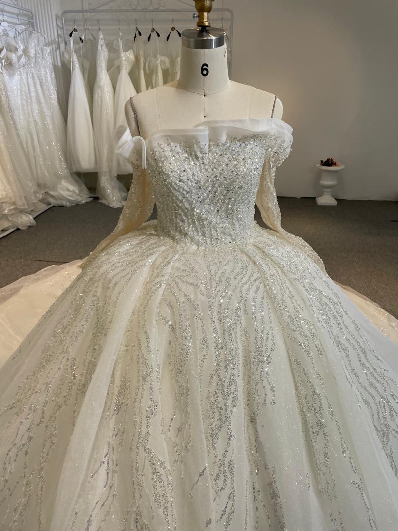 BYG24-24 SPARKING LACE RUFFLE EDGE OFF SHOULDER BALL GOWN WEDDING DRESS - Plus Size Clothing