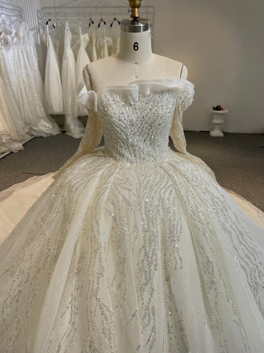 BYG24-24 SPARKING LACE RUFFLE EDGE OFF SHOULDER BALL GOWN WEDDING DRESS - Plus Size Clothing