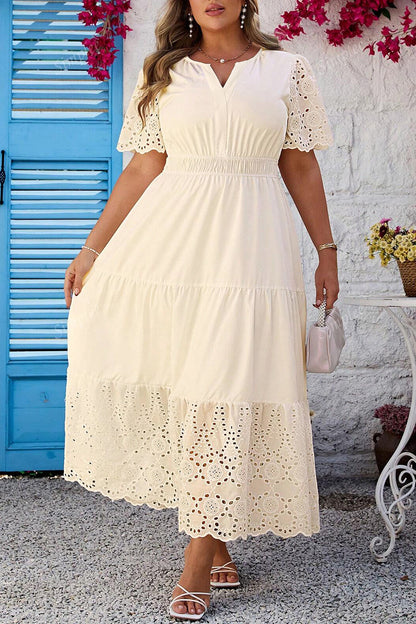 Plus Size V-Neck Lacy Embroidery Short Sleeve Maxi Dress - Plus Size Clothing