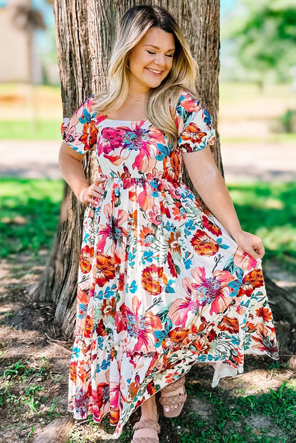 Plus Size White Floral Square Neck Puff Sleeve Midi Dress - Plus Size Clothing
