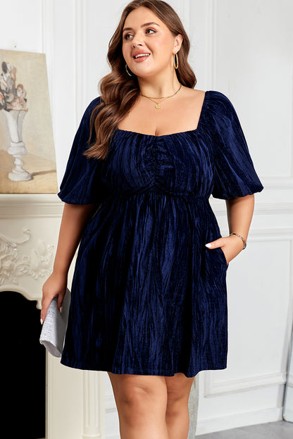 Plus Size Velvet Ruched Square Neck Puff Sleeve Dress - Plus Size XL-4XL - View 1