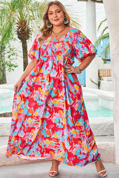 Plus Size Rose Abstract Puff Sleeve Square Neck Dress