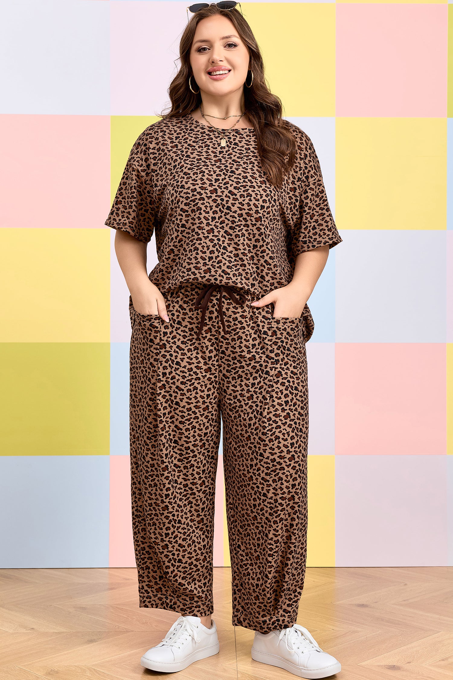 Plus Size Leopard Loose Top Pleated Pants Set - Plus Size XL-4XL - View 1