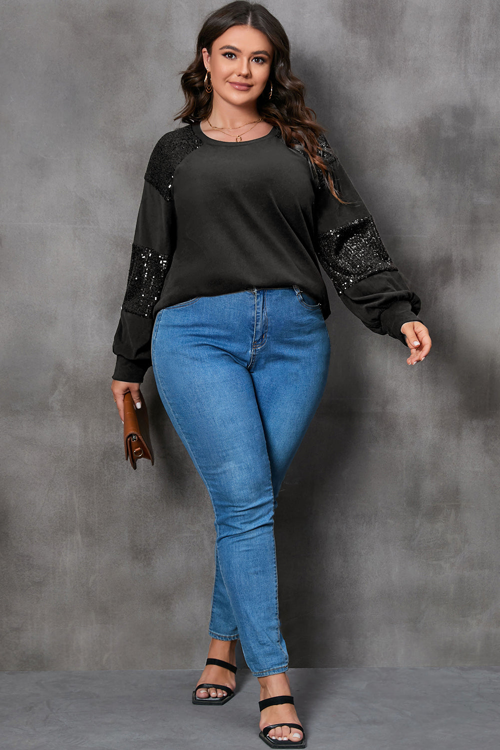 Plus Size Sequin Patchwork Crew Neck Long Sleeve Top