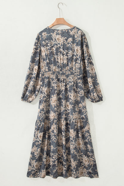 Plus Size Floral Split Neck Shirred High Waist Maxi Dress