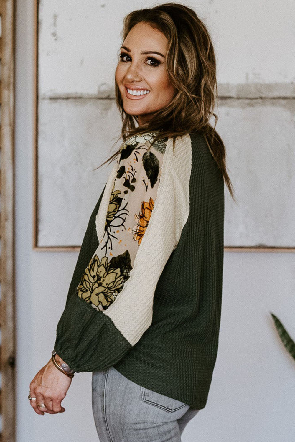 Plus Size Floral Raglan Colorblock Patchwork Knit Blouse