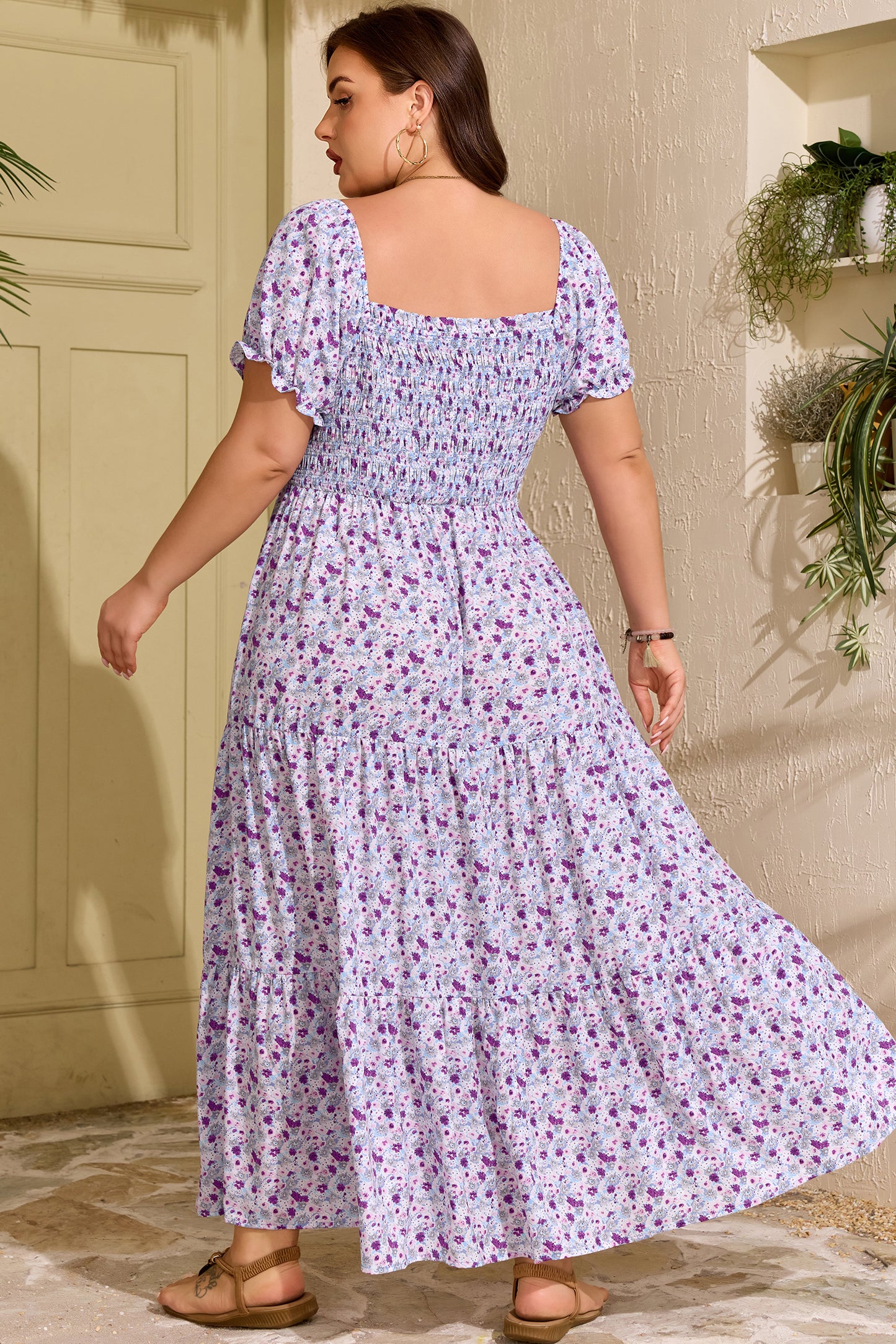 Plus Size Floral Print Square Neck Smocked Maxi Dress - Plus Size XL-4XL - View 2