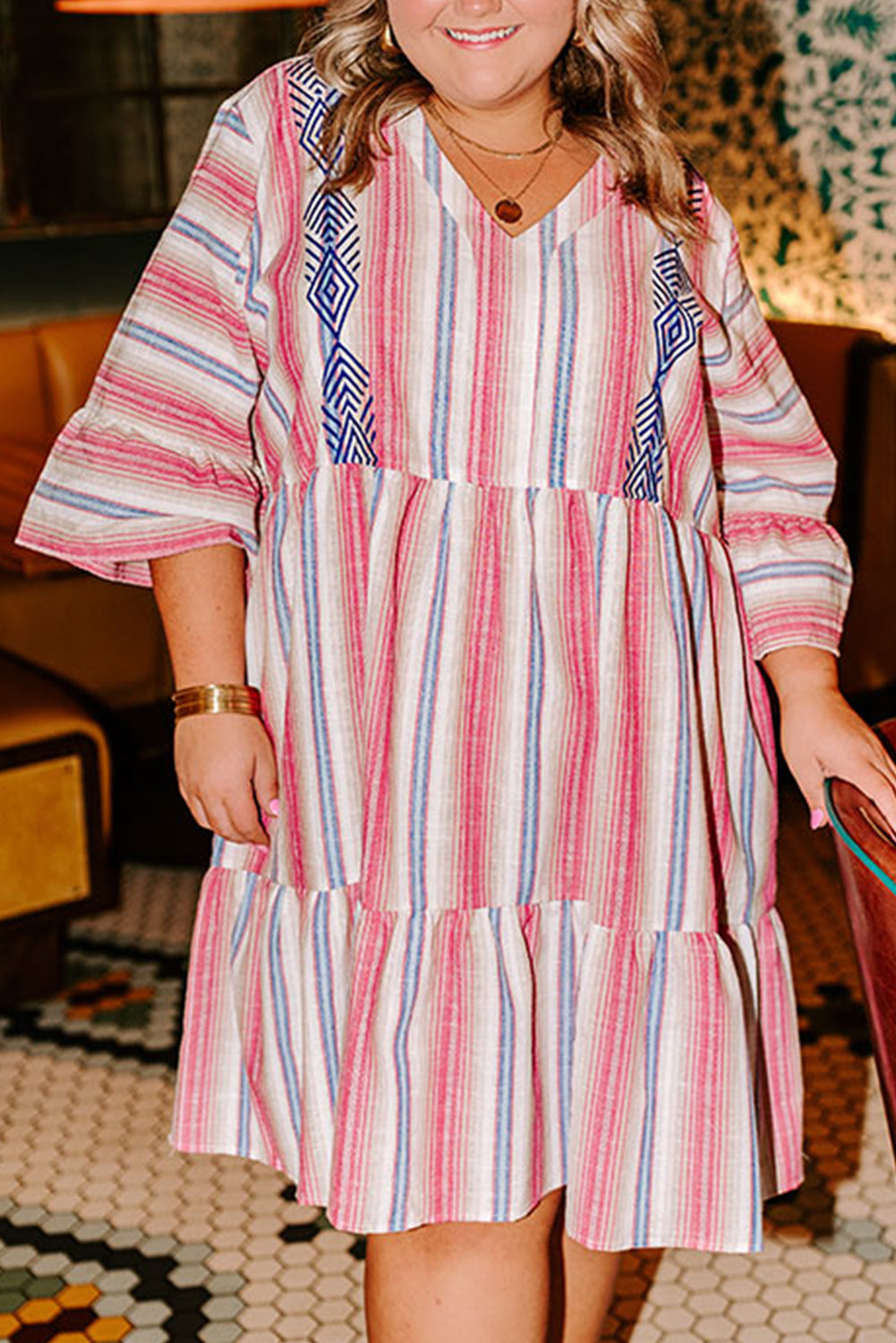 Plus Size Embroidered Flared 3/4 Sleeve V Neck Dress - Plus Size XL-4XL - View 1