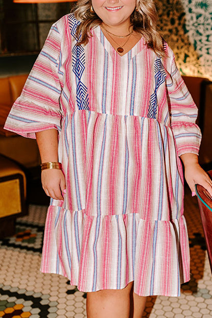 Plus Size Embroidered Flared 3/4 Sleeve Dress - Plus Size XL-4XL - View 1