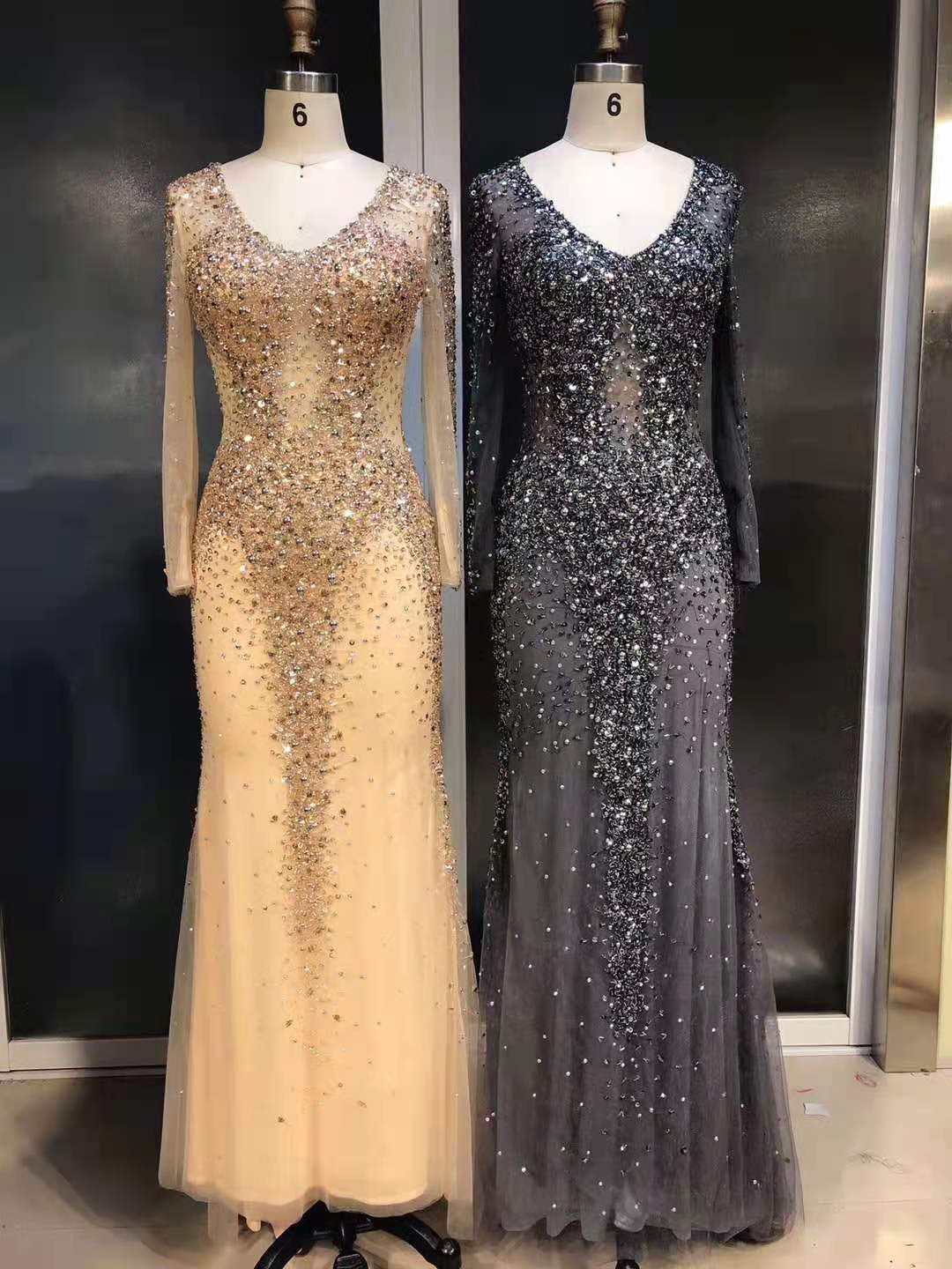 Plus Size Long Sleeve Gauze Bling Gown