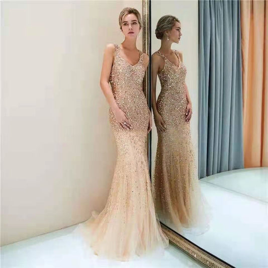 Mermaid Beaded Sheer Back Gold Formal Dress G9012 - Plus Size Clothing
