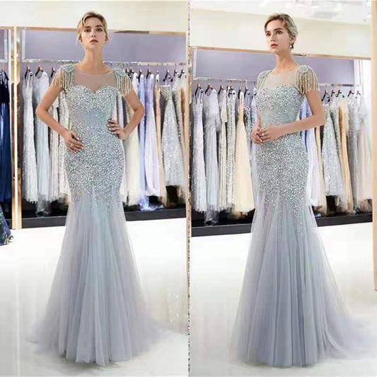Mermaid Evening Dress Pearl Beaded Sheer Jewel Crystal Prom Gown