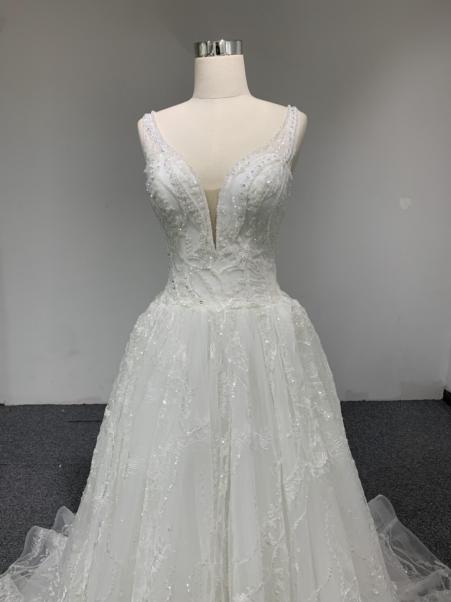 Plus Size Beaded Deep V Neck Lace Up A-Line Wedding Dress - Plus Size XL-4XL