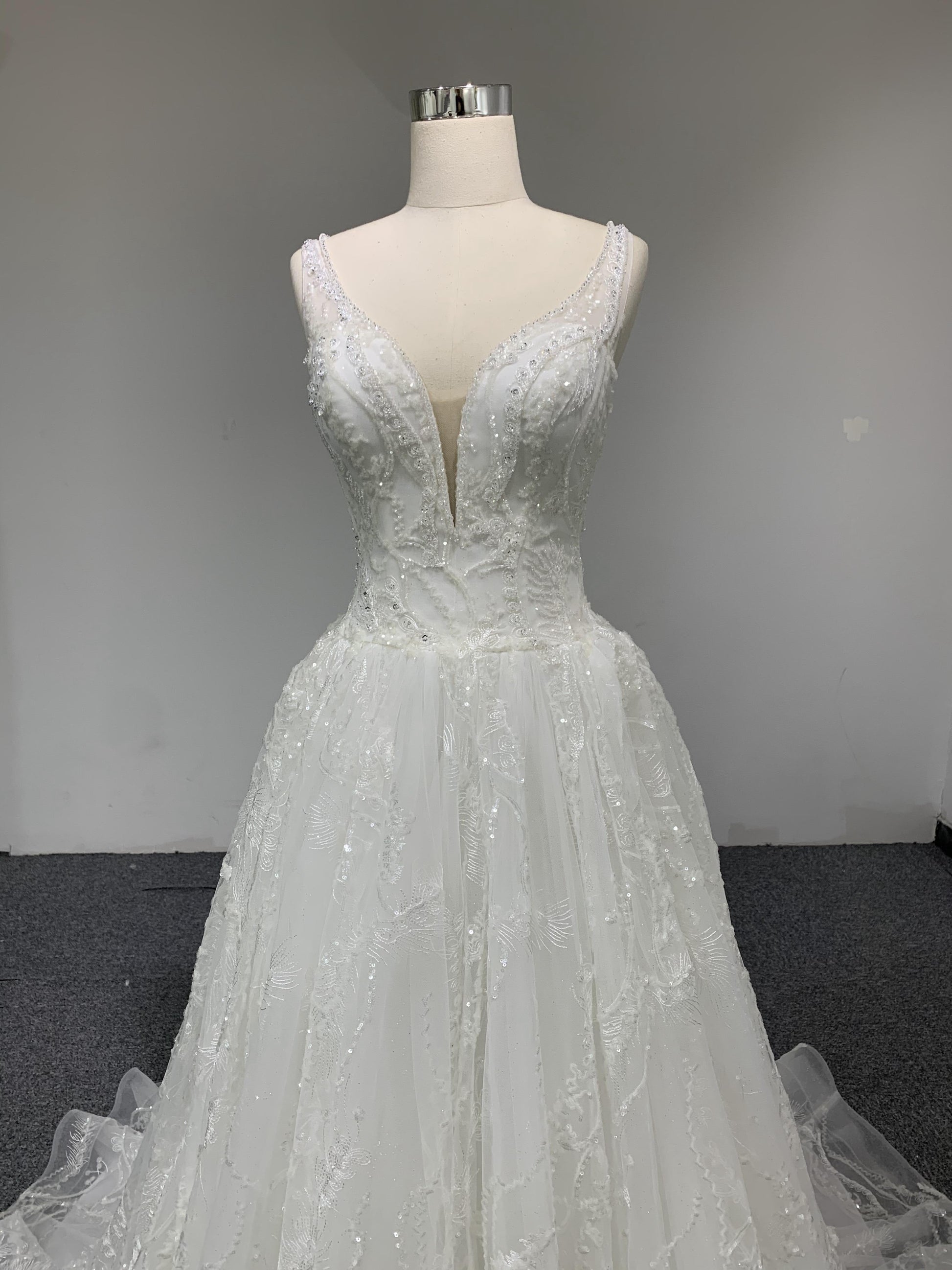 Plus Size Beaded Deep V Neck Lace Up A-Line Wedding Dress - Plus Size XL-4XL