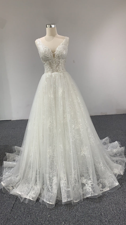 Plus Size A-Line Lace Wedding Dress with Court Train