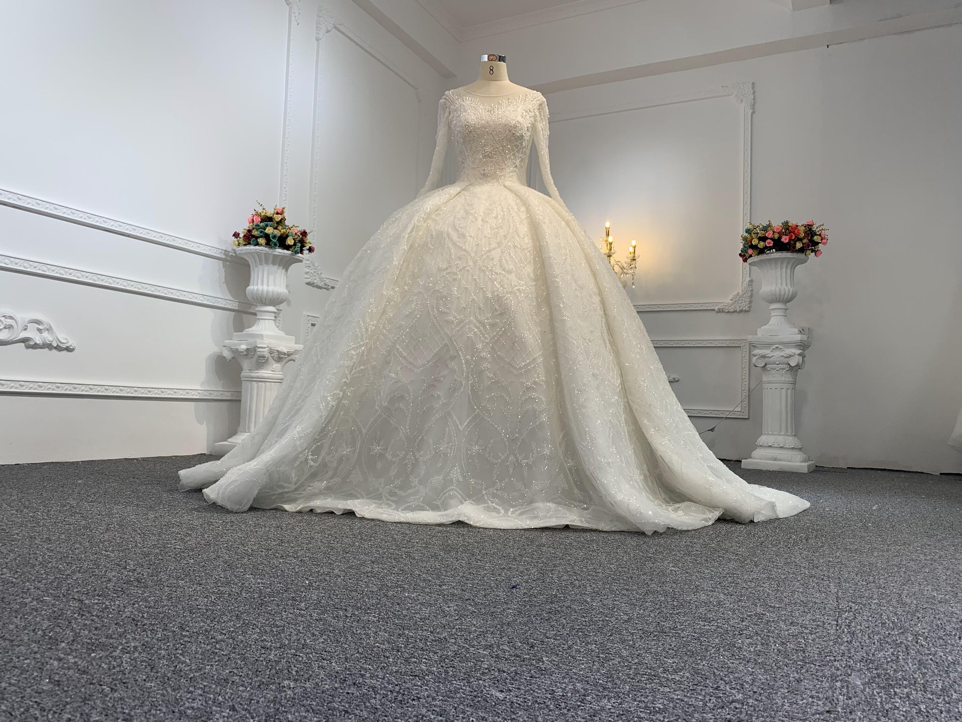 B234- BYG Ivory long sleeves beading lace full of skirt wedding ball gown - Plus Size Clothing