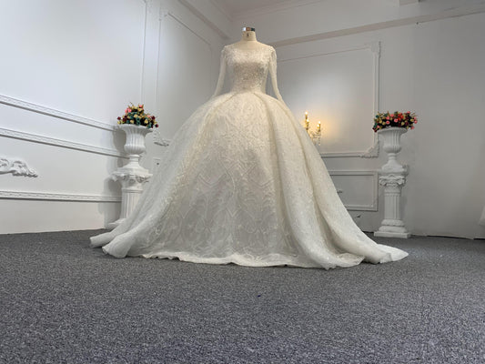 B234- BYG Ivory long sleeves beading lace full of skirt wedding ball gown - Plus Size Clothing