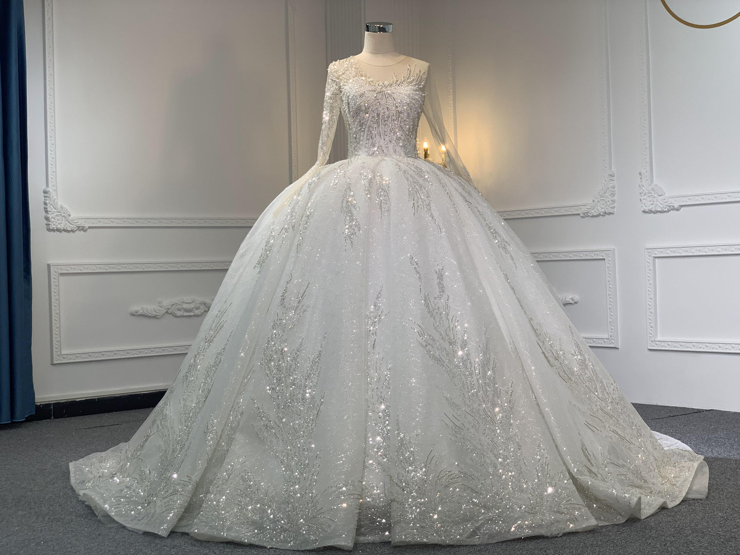 Z049- BYG long sleeves luxury beadings lace ball gown in ivory color - Plus Size Clothing