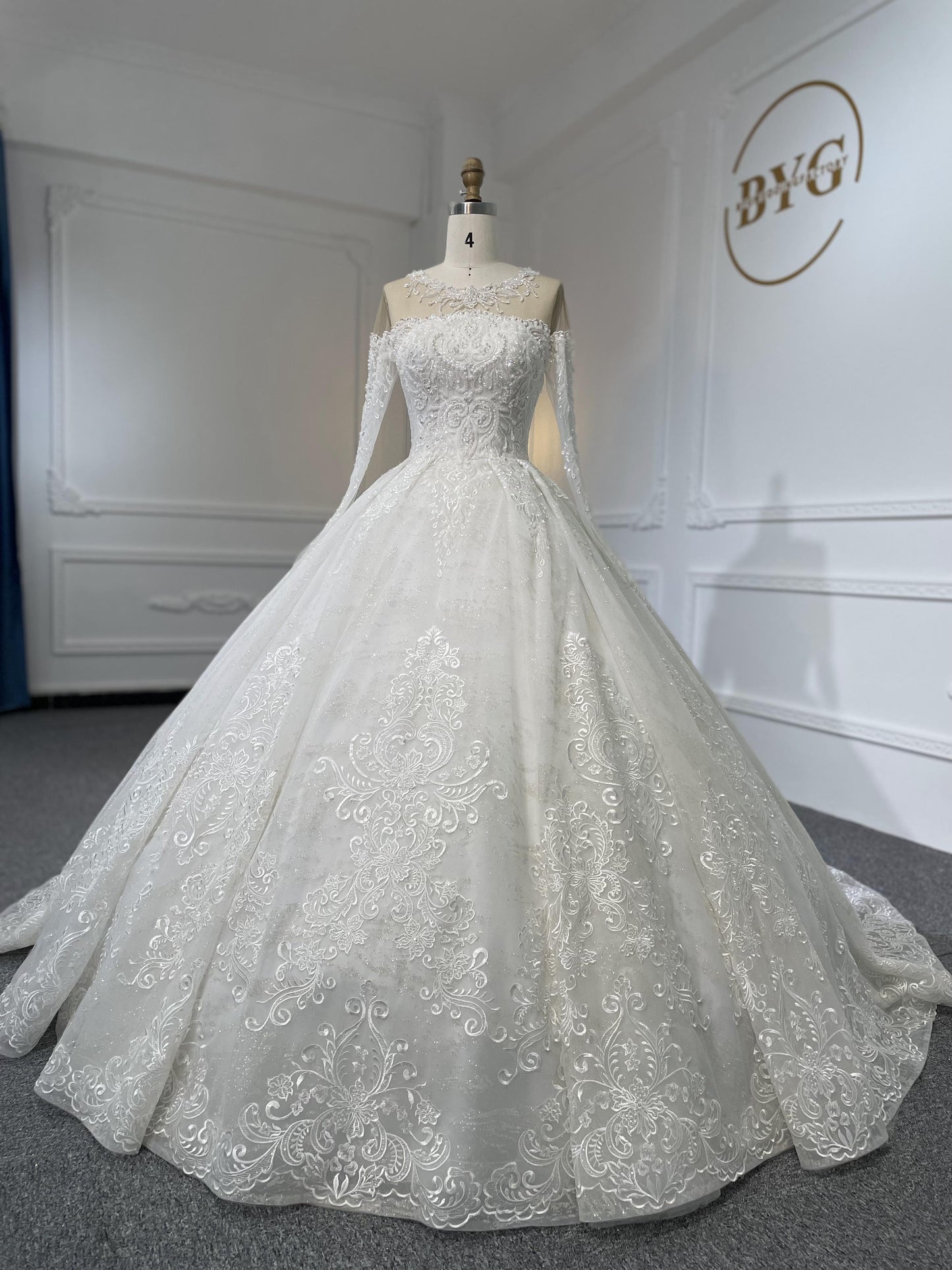 Z048- BYG Ivory Vintage Off-Shoulder Long Sleeves Beading Lace Ball Gown - Plus Size Clothing