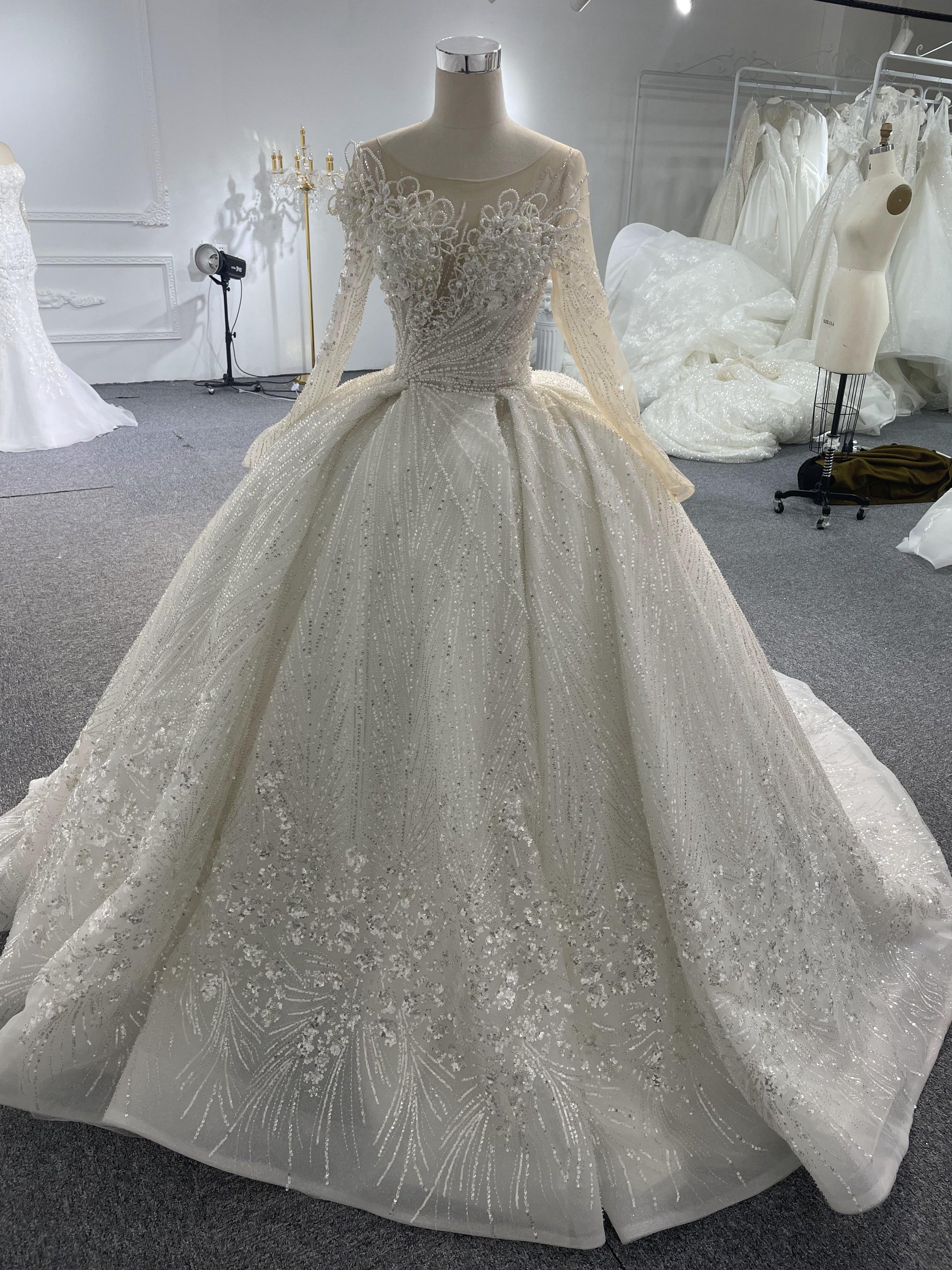 Z061-BYG Gorgeous Stereo Pearl Chain Luxury Long Sleeves Ball gown - Plus Size Clothing
