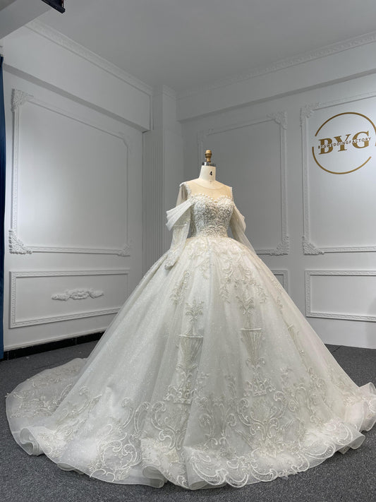 Z058- BYG Sweetheart Neckline Heavy Beading Lace Handcarfted Ball Gown With Detachable Off-shoulder Design - Plus Size Clothing