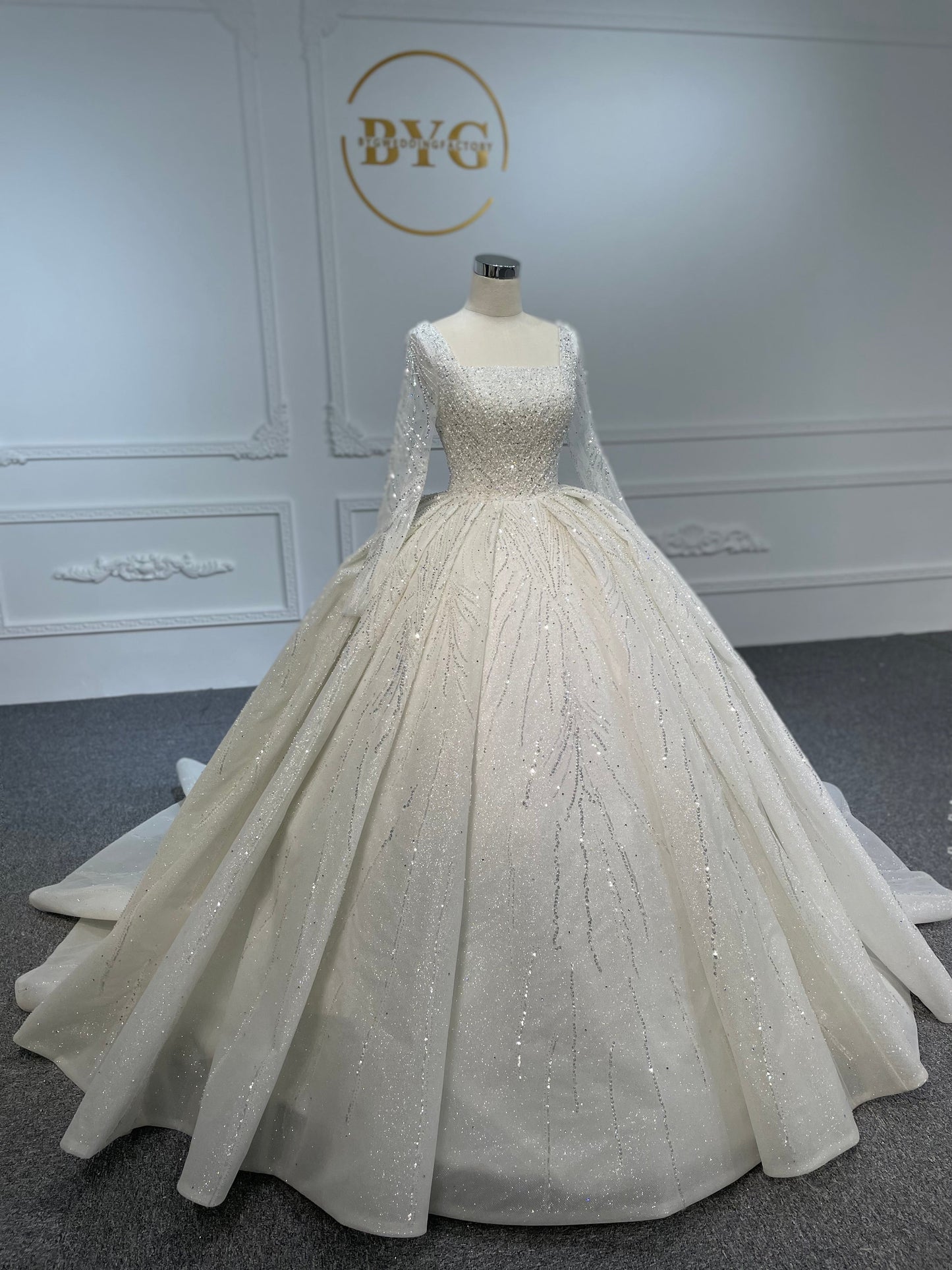 PD001- BYG SHINY BEADING LACE BALL GOWN WITH LONG SLEEVES - Plus Size Clothing