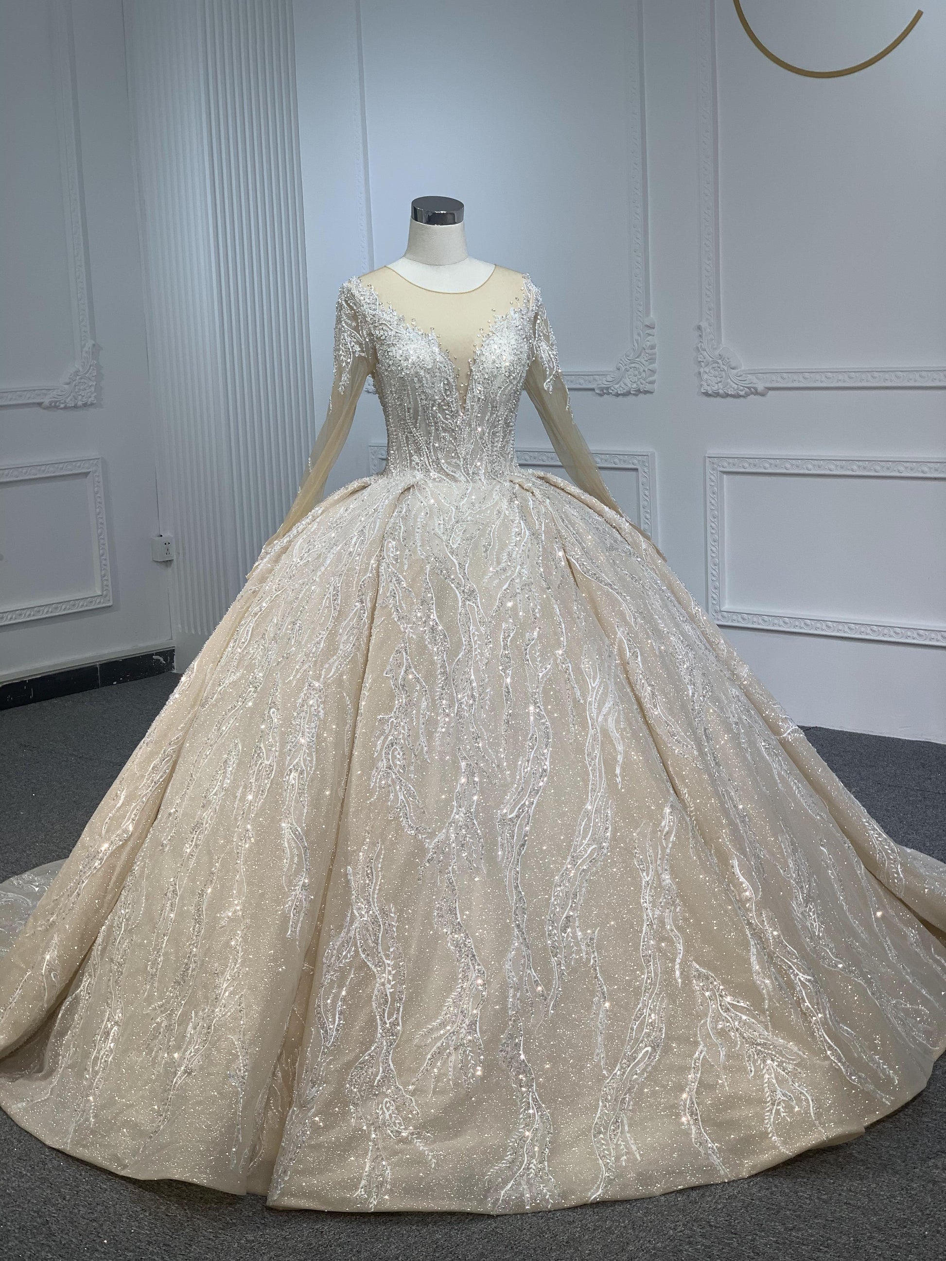 PD003- BYG CHAMPAGNE SWEETHEART NECKLINE BALL GOWN WITH LONG SLEEVES - Plus Size Clothing