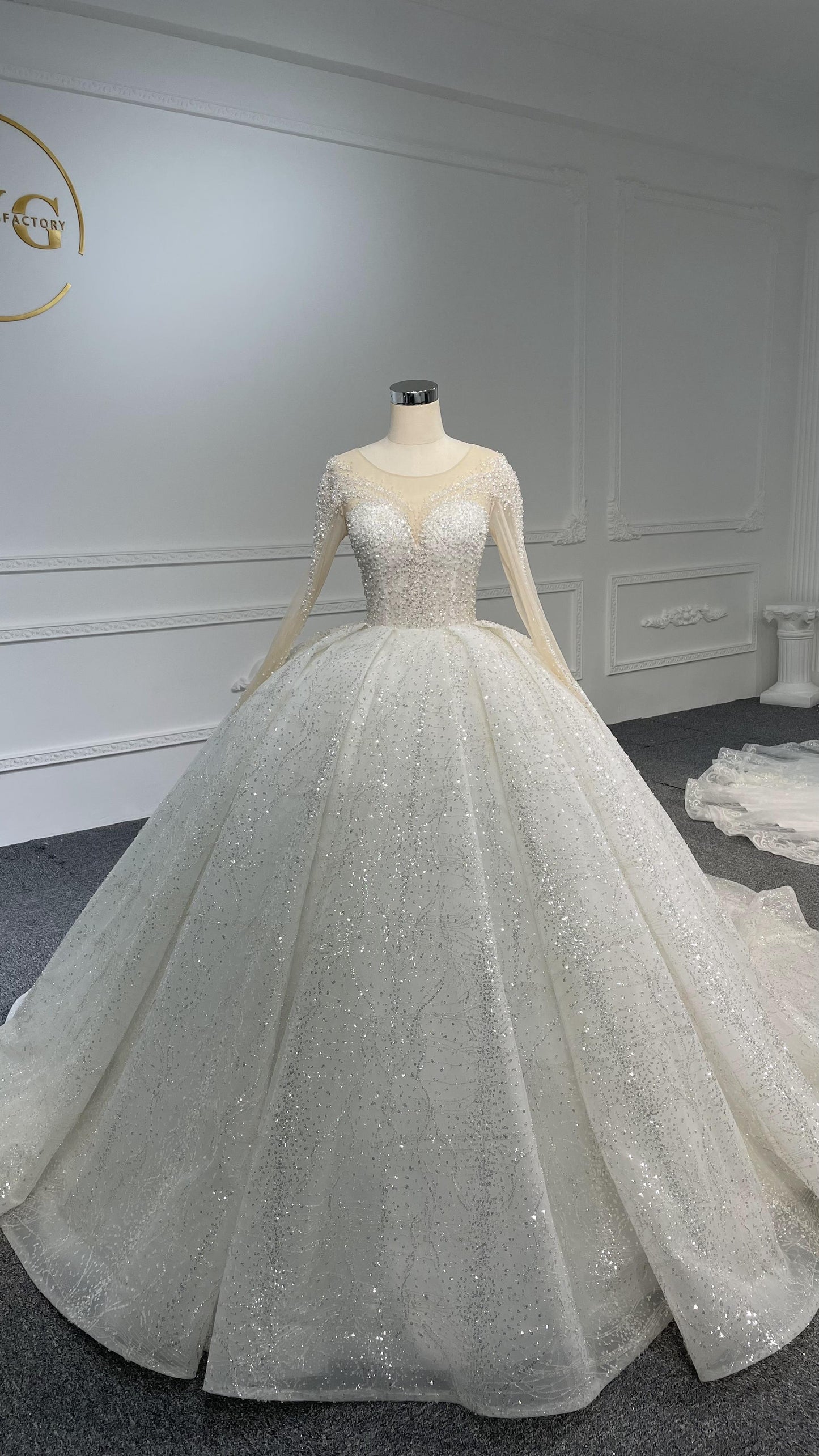 Plus Size Long-Sleeved Beaded Sequin Ball Gown
