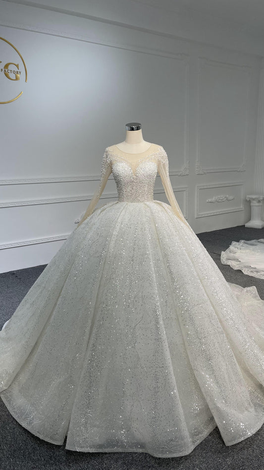 Plus Size Long-Sleeved Beaded Sequin Ball Gown