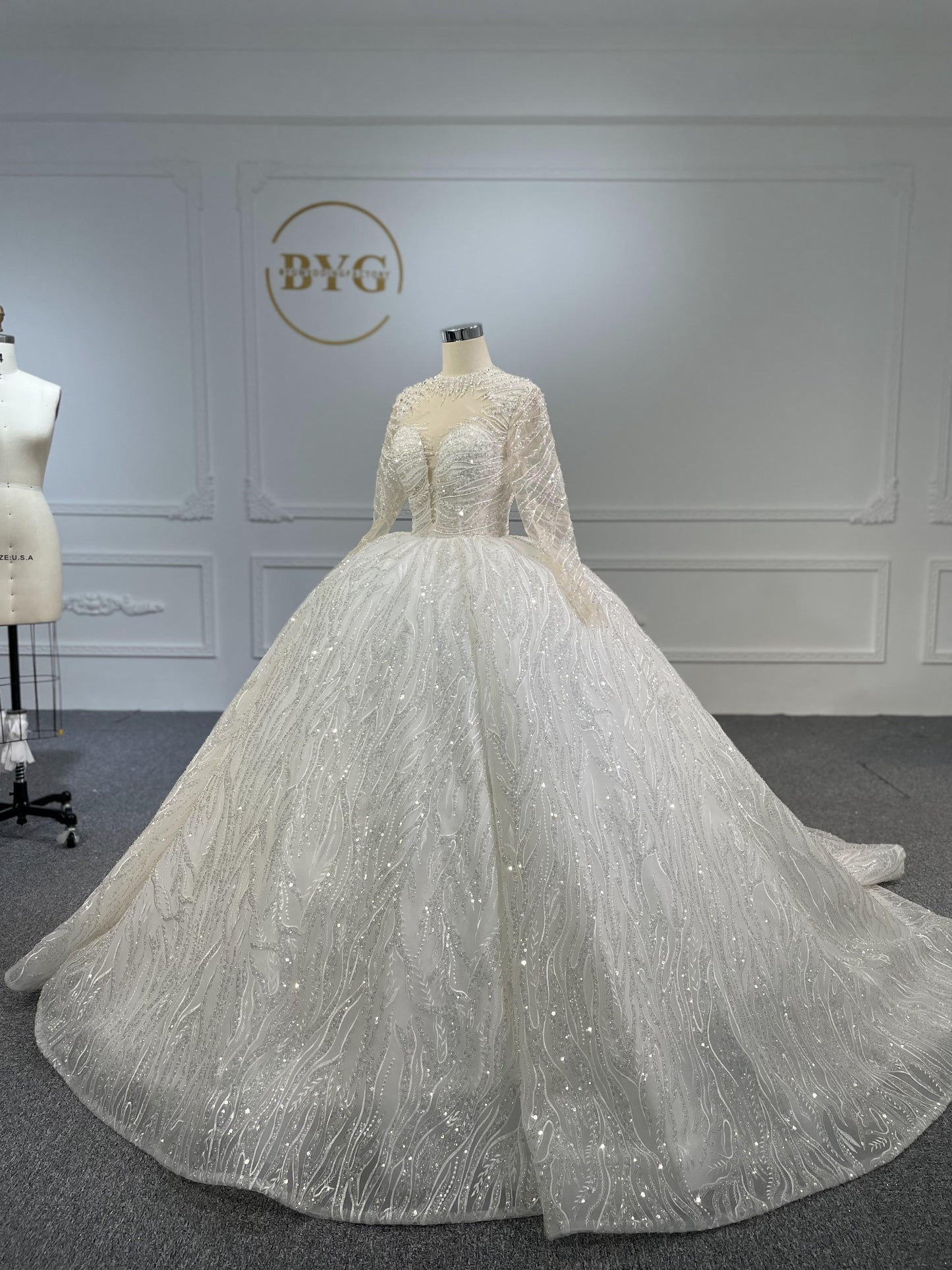 Plus Size Long-Sleeved Beaded Sequin Ball Gown