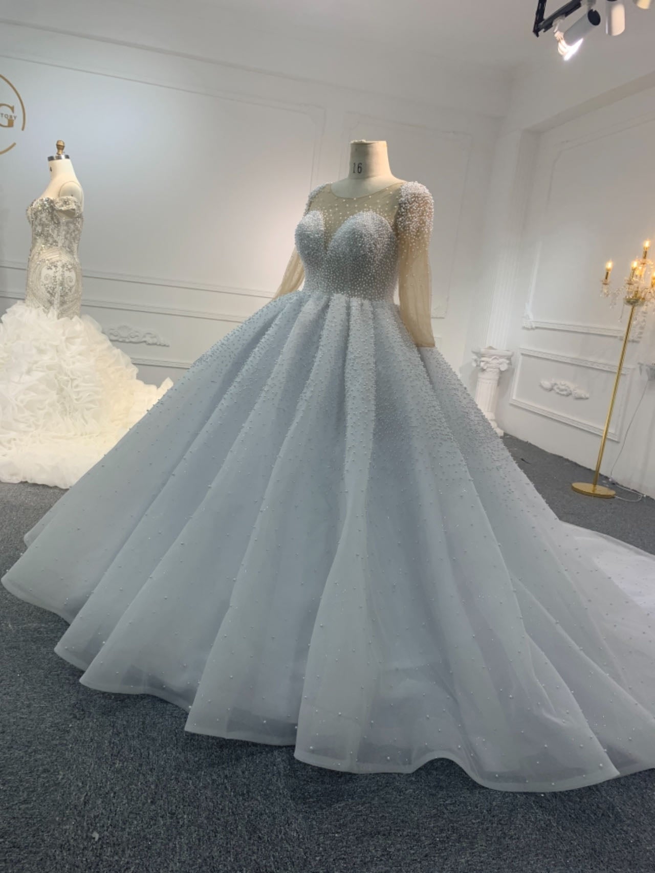 Plus Size Luxury V Neck Pearl Ball Gown