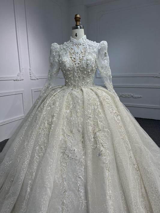 Plus Size Long Sleeve High Neck Beaded Wedding Dress