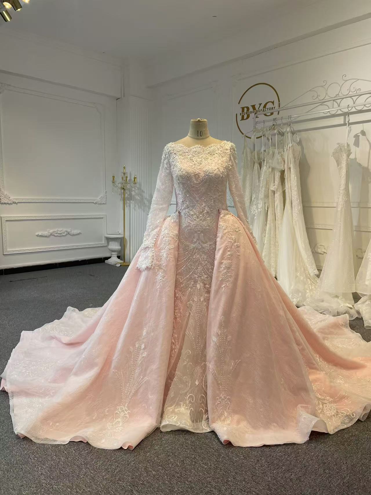 BYG24-30 MUSLIM PINK FLOWER LACE MERMAID WEDDING DRESS - Plus Size Clothing