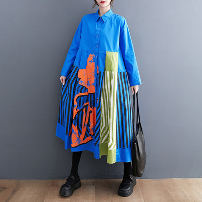 Plus Size Casual Loose Printed Patchwork Long Sleeve Dress