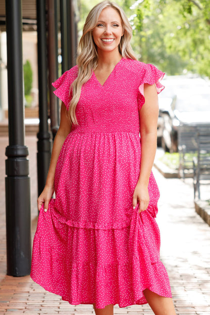 Plus Size Polka Dot Ruffled Smocked Midi Dress
