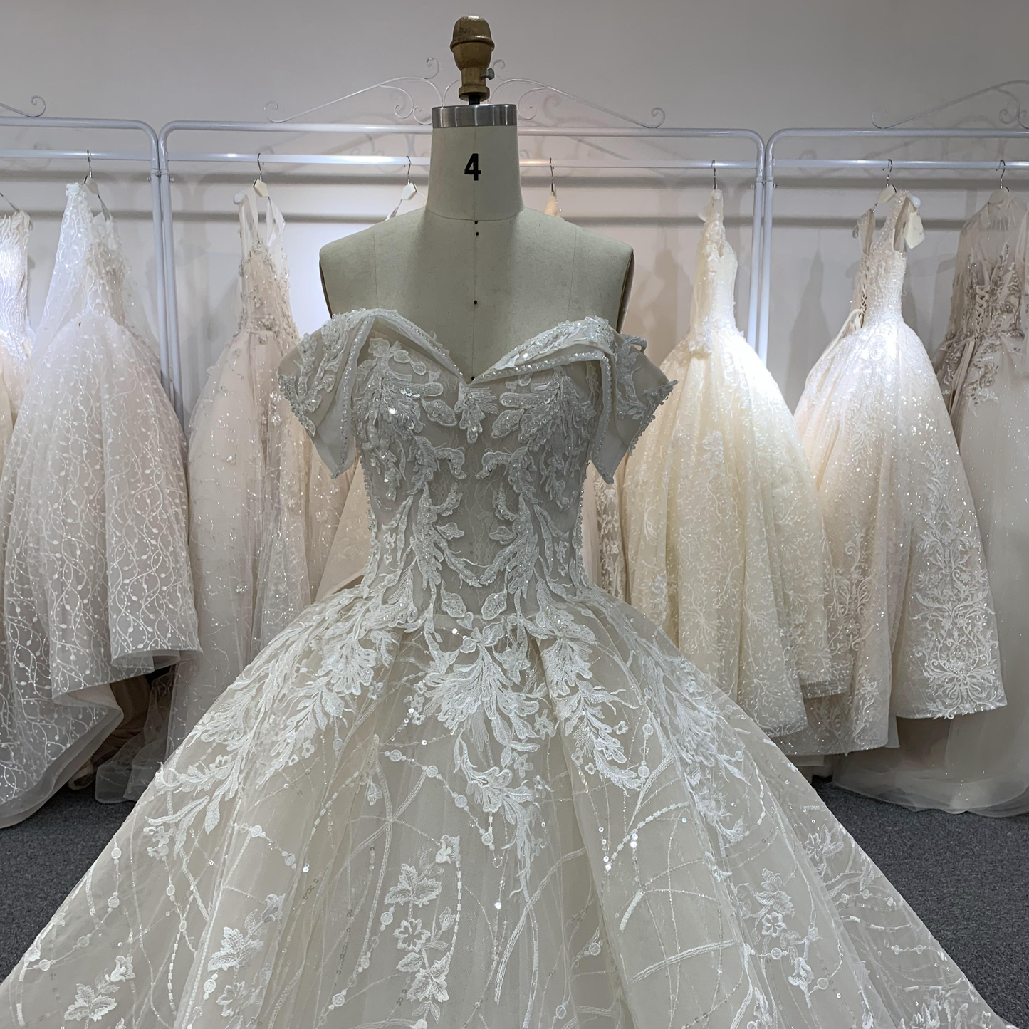 BYG beautiful full lace off the shoulder champagne wedding gown Ball gown wedding dress BYG Wedding Factory 